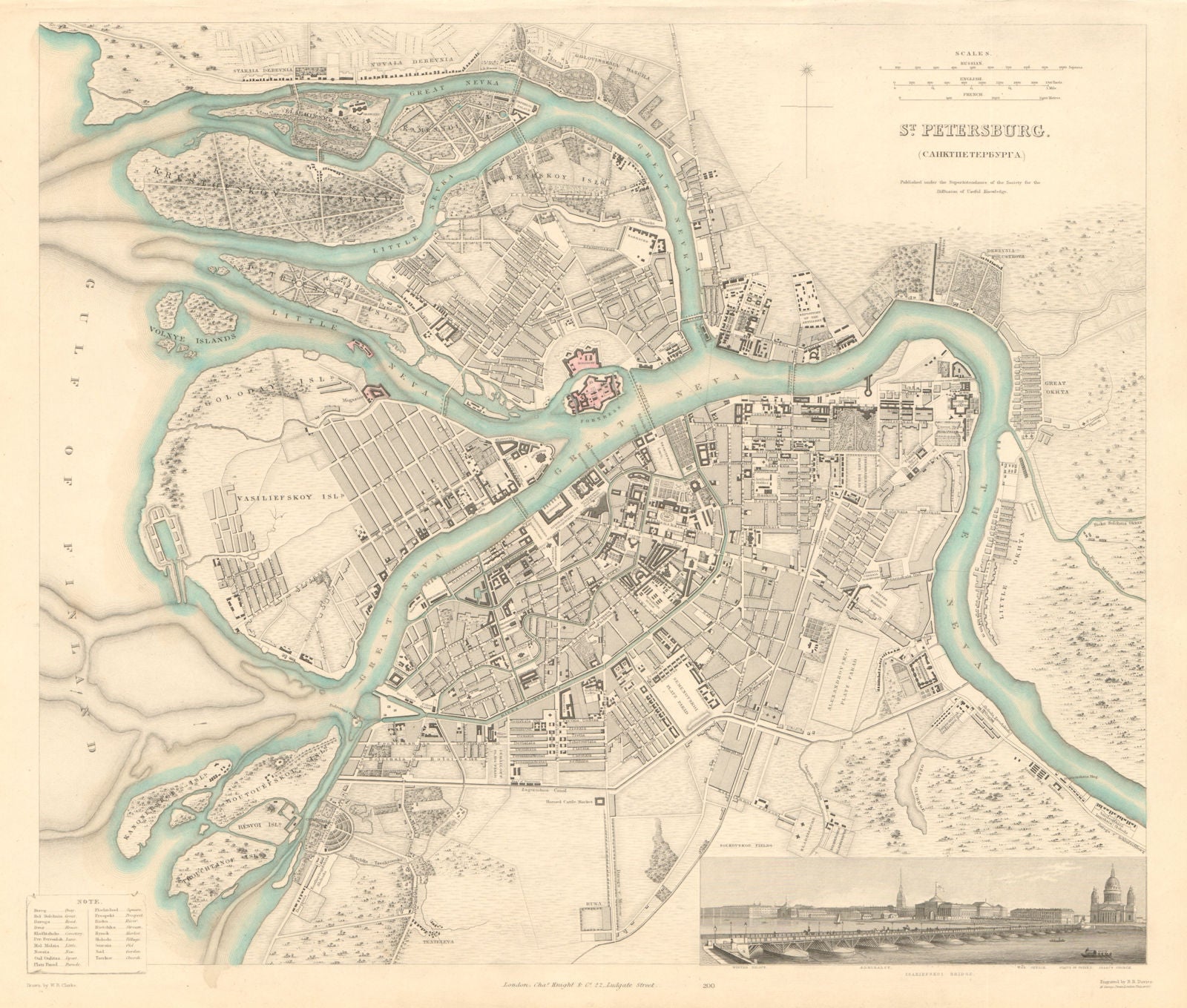 ST PETERSBURG Санкт-Петербург. Antique town city map plan. Panorama. SDUK 1847